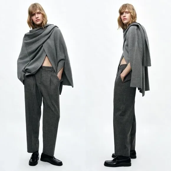 Zara Women Size M Gray Asymmetric Wool Cape Poncho Wrap Kimono Modern Minimalist - Picture 7 of 15